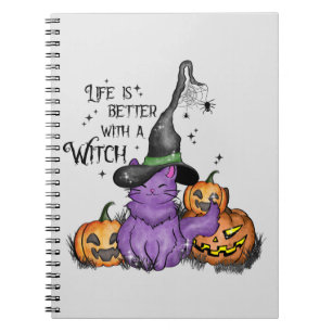 Cute Purple Witch Cat with Jack-O'-Lanterns Notebook