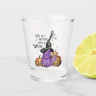 Cute Purple Witch Cat with Jack-O'-Lanterns Shot Glass