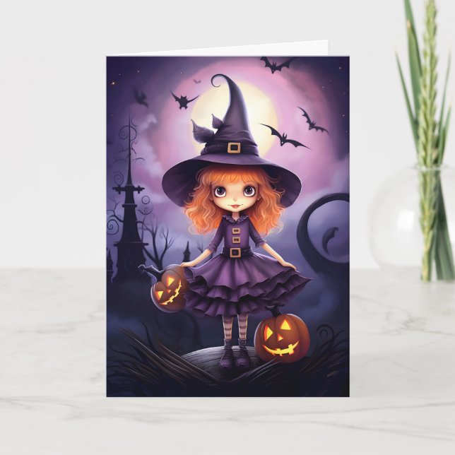 Cute Purple Witch Illustration Halloween Card (Front)