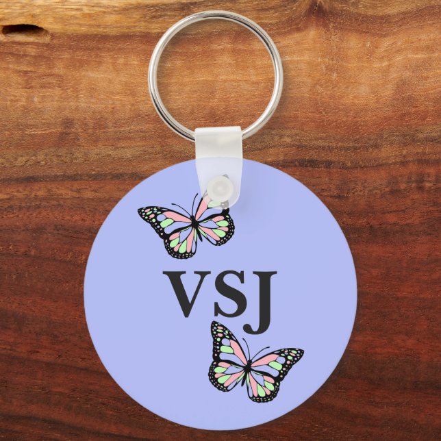 Cute Purple with Butterflies and Monogram Keychain (Front)