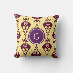Cute purple yellow ikat tribal pattern monogram throw pillow