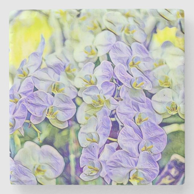 Cute purple yellow orchids flowers watercolor  stone coaster (Front)