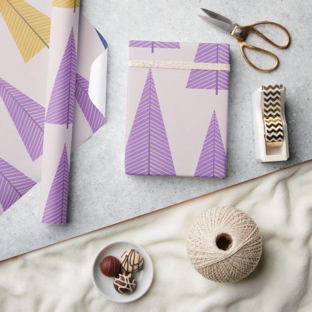 Cute Purple Yellow Scandinavian Christmas Trees Wrapping Paper (Crafts)