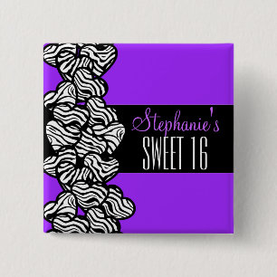 Cute Purple zebra heart Sweet 16 Birthday Button