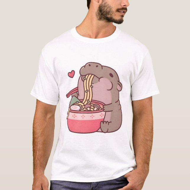 Cute Pygmy Hippo Slurping On Ramen Noodles  T-Shirt (Front)