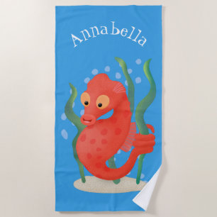 Cute pygmy seahorse cartoon beach towel