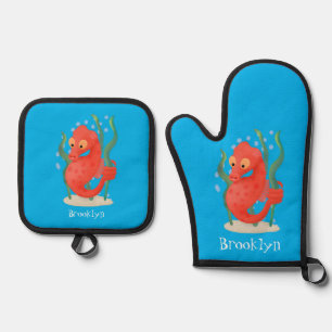 Cute pygmy seahorse cartoon oven mitt & pot holder set