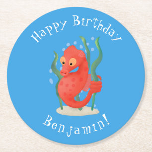 Cute pygmy seahorse cartoon round paper coaster