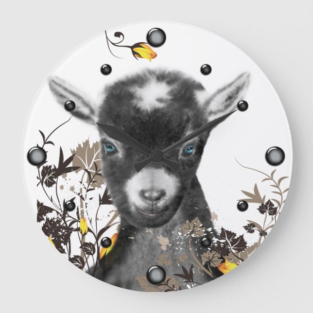 Cute Pygora Peinture de chèvre florale Horloge mur (Recto)