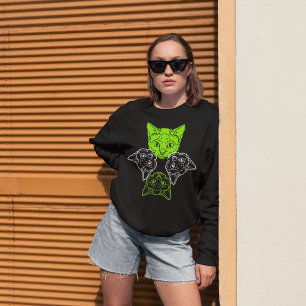 Cute Quadruple Cat Head On Lime White Wild Black Sweatshirt