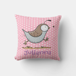 Cute quail on pink cartoon illustration throw pillow