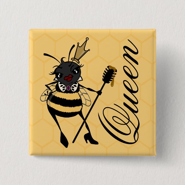 CUTE QUEEN BEE GRAPHIC SQUARE PIN BACK BUTTON (Front)