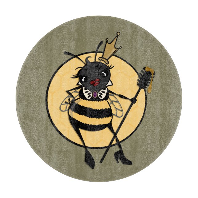 CUTE QUEEN BEE ROUND GLASS CUTTING BOARD (Front)