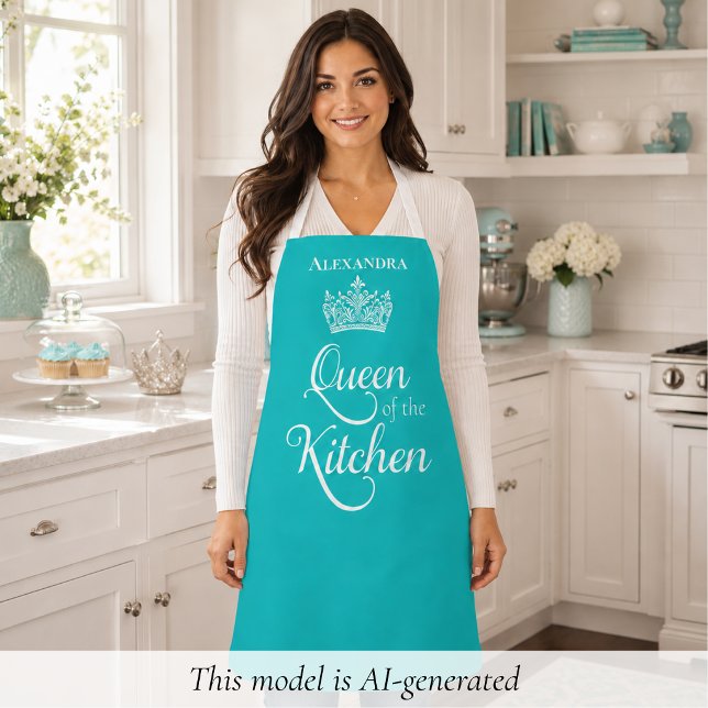 Cute Queen of the Kitchen Apron (elegant birds egg blue personalized queen of the kitchen apron with custom name monogram)