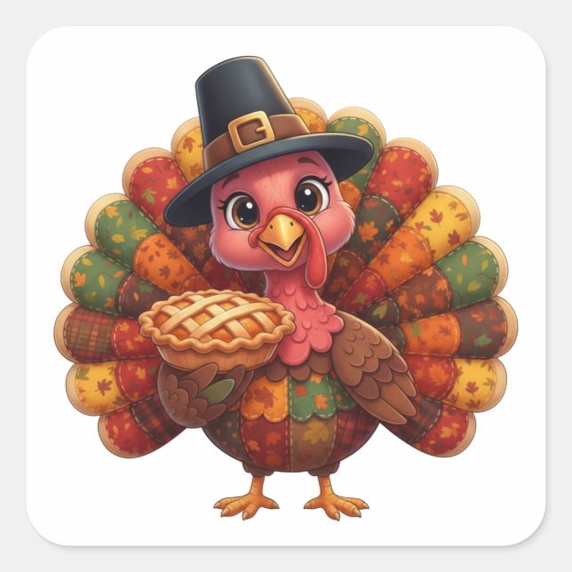 Cute Quilted Patchwork Turkey | Pilgrim Hat Pie Square Sticker (Front)