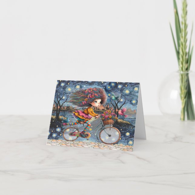 Cute Quirky Bicycle Girl Folded Note Card (Front)