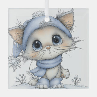 CUTE QUIRKY BLUE WINTER CHRISTMAS KITTY CAT GLASS ORNAMENT