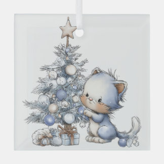 CUTE QUIRKY BLUE WINTER CHRISTMAS KITTY CAT GLASS ORNAMENT