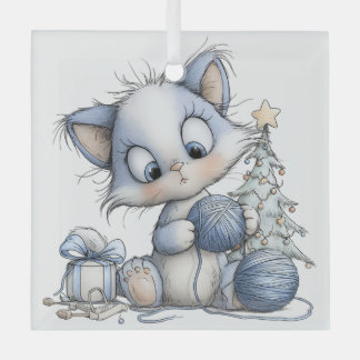 CUTE QUIRKY BLUE WINTER CHRISTMAS KITTY CAT GLASS ORNAMENT