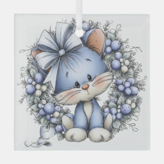 CUTE QUIRKY BLUE WINTER CHRISTMAS KITTY CAT GLASS ORNAMENT