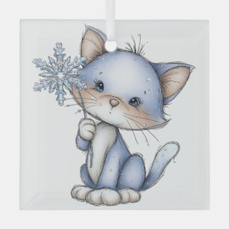 CUTE QUIRKY BLUE WINTER CHRISTMAS KITTY CAT GLASS ORNAMENT