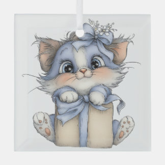 CUTE QUIRKY BLUE WINTER CHRISTMAS KITTY CAT GLASS ORNAMENT