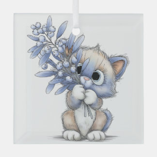 CUTE QUIRKY BLUE WINTER CHRISTMAS KITTY CAT GLASS ORNAMENT
