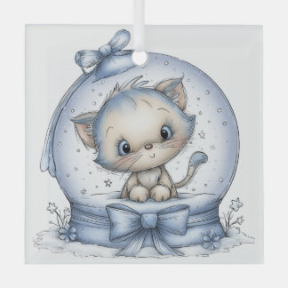 CUTE QUIRKY BLUE WINTER CHRISTMAS KITTY CAT GLASS ORNAMENT