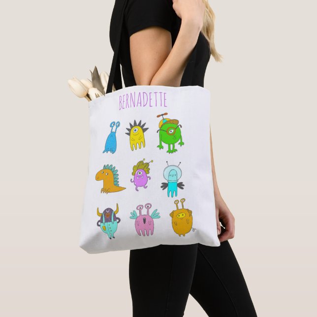 Cute Quirky Colourful Monster Cartoon Personalized Tote Bag (Close Up)