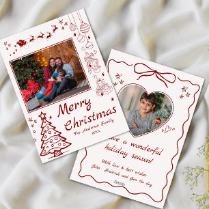 Cute quirky doodle christmas custom 2 photo red holiday card