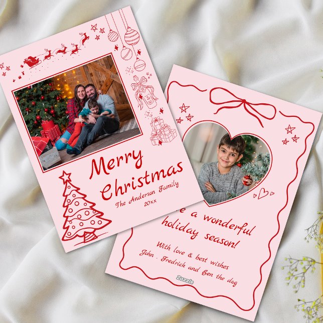 Cute quirky doodle christmas custom 2photo pink holiday card (Creator Uploaded)