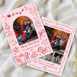 Cute quirky doodle christmas custom photo fun pink holiday card