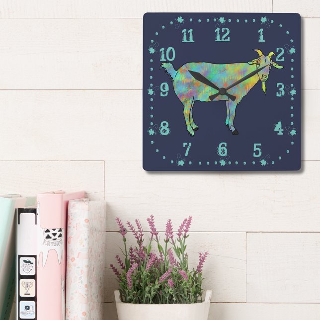 Cute Quirky Goat Colourful Funny Funky Animal Art Square Wall Clock (Cute goat colorful farm animal art blue and green wall clock)