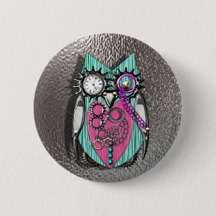 Cute Quirky Owl Steam Punk Style Pink Teal Silver 2 Inch Round Button