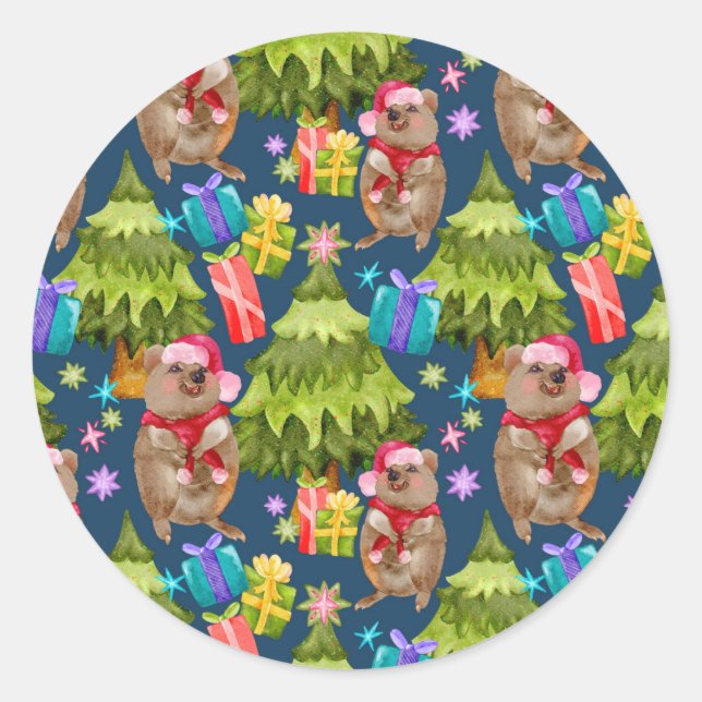 Cute Quokka Blue Christmas Classic Round Sticker (Front)