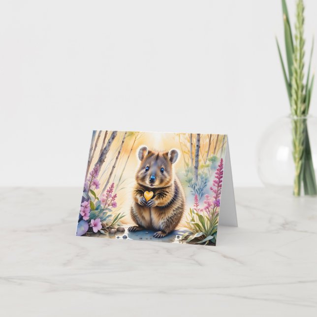 Cute Quokka Flower Heart Watercolor Blank Greeting Card (Front)
