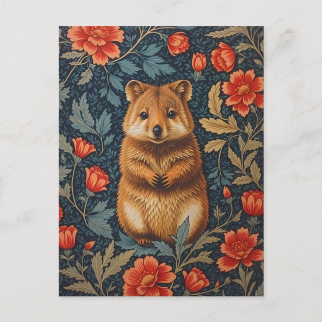 Cute Quokka William Morris Inspired Floral Postcard (Front)