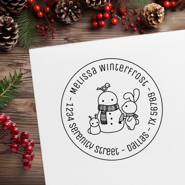 Cute Rabbit Adding Carrot to Snowman Round Address Rubber Stamp (Creator Uploaded)