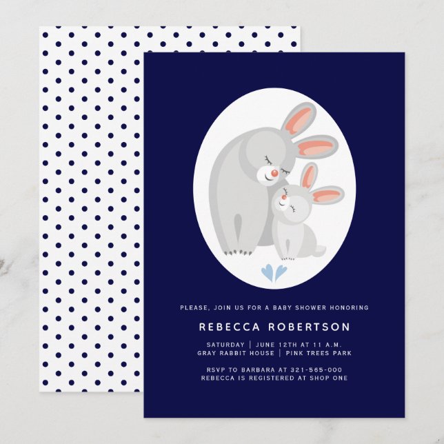 Cute rabbit and bunny navy blue baby boy shower invitation (Front/Back)