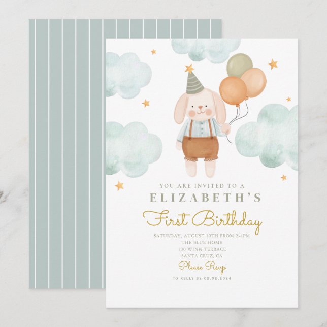 Cute Rabbit Baloon First Birthday 1st Birthday Invitation (Front/Back)