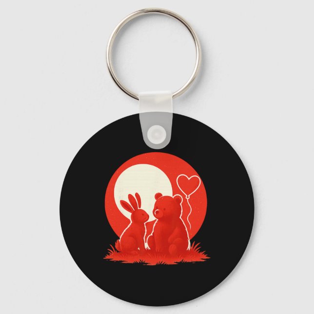Cute Rabbit Bear Couple Valentine's Day Lovers  Keychain (Front)