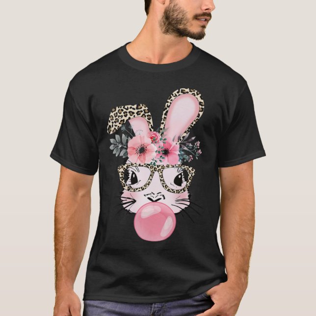 Cute Rabbit Bubble Gum Easter Day Bunny Leopard Gl T-Shirt (Front)