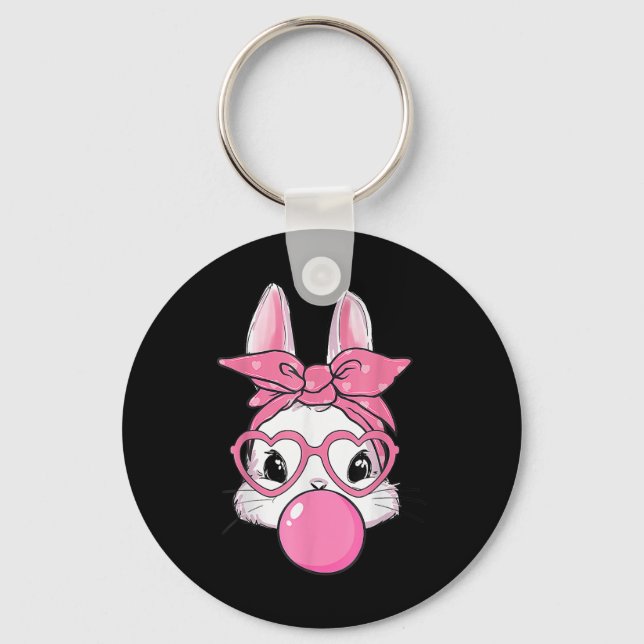 Cute Rabbit Bunny Blowing Bubble Gum Easter Day  Keychain (Front)