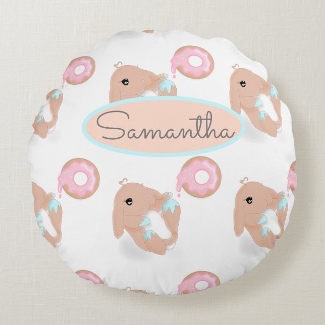 Cute Rabbit Cartoon Bunny Doughnut Nursery Girls  Round Pillow (Front)