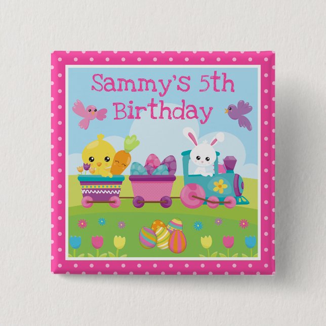 Cute Rabbit, Chick & Chocolate Eggs Train Birthday 2 Inch Square Button (Front)