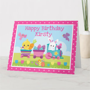 Cute Rabbit, Chick & Chocolate Eggs Train Birthday Card
