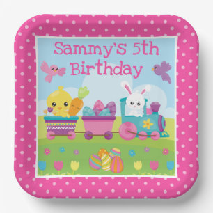 Cute Rabbit, Chick & Chocolate Eggs Train Birthday Paper Plate