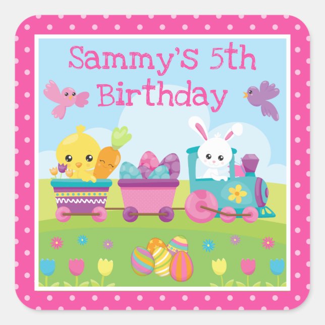 Cute Rabbit, Chick & Chocolate Eggs Train Birthday Square Sticker (Front)