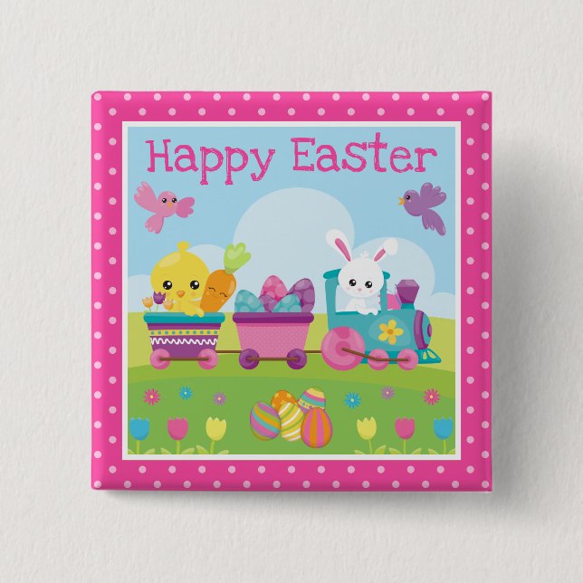 Cute Rabbit, Chick & Chocolate Eggs Train Easter 2 Inch Square Button (Front)