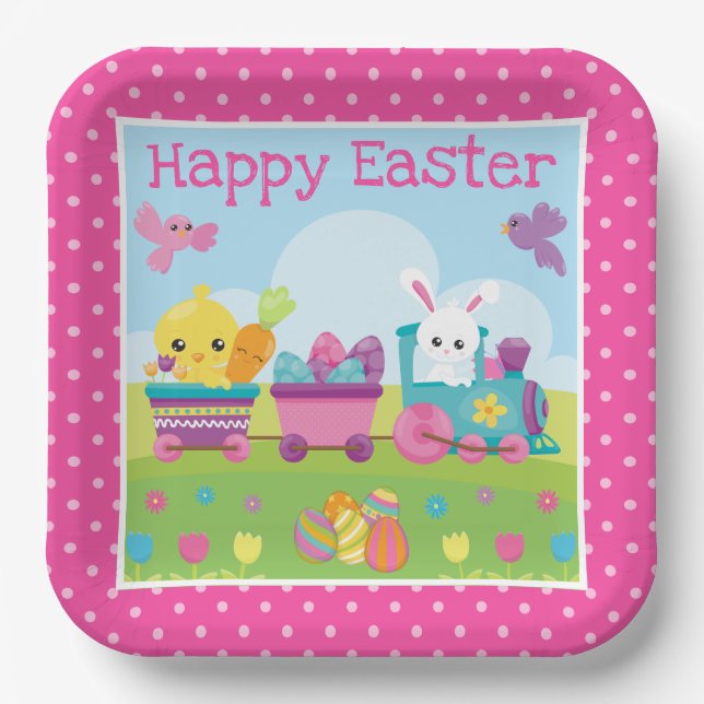 Cute Rabbit, Chick & Chocolate Eggs Train Easter Paper Plate (Front)
